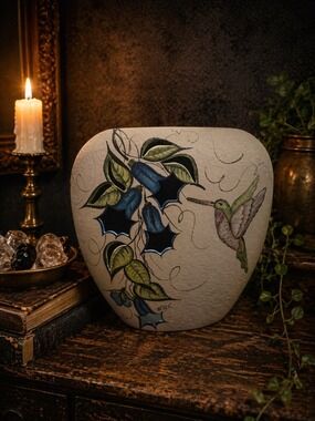 Hand-Painted Hummingbird & Flower Large Vase Signed Decorative 8.5in High